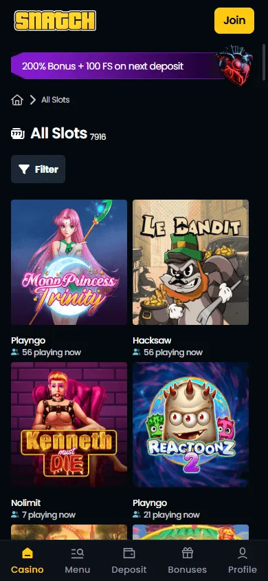 Snatch Casino games area on mobile