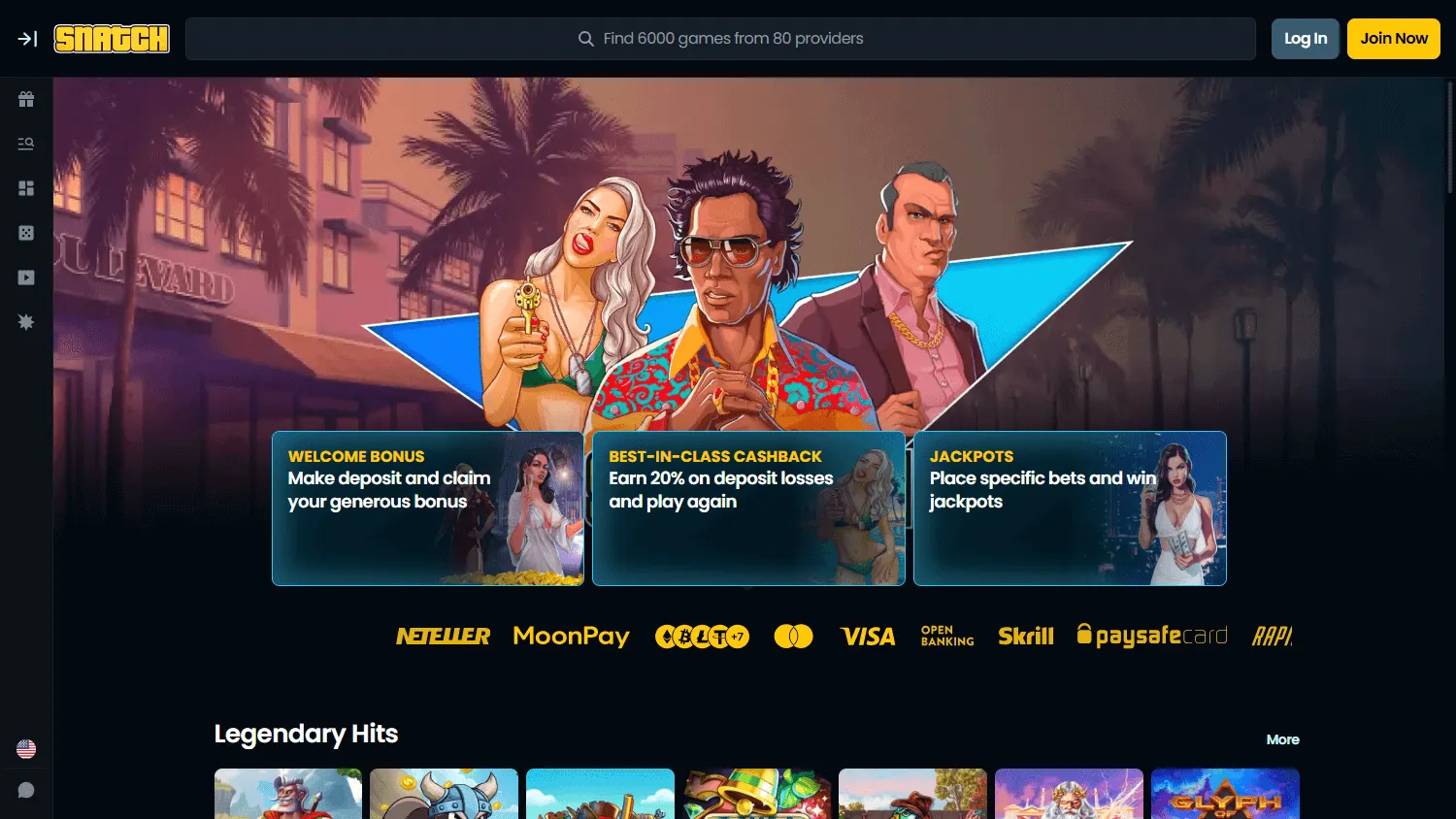 Snatch Casino home interface on desktop