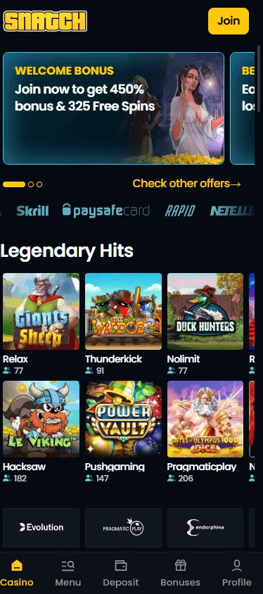 Snatch Casino home interface on mobile