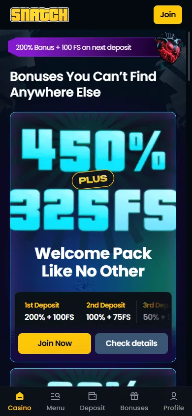 Snatch Casino promotions area on mobile