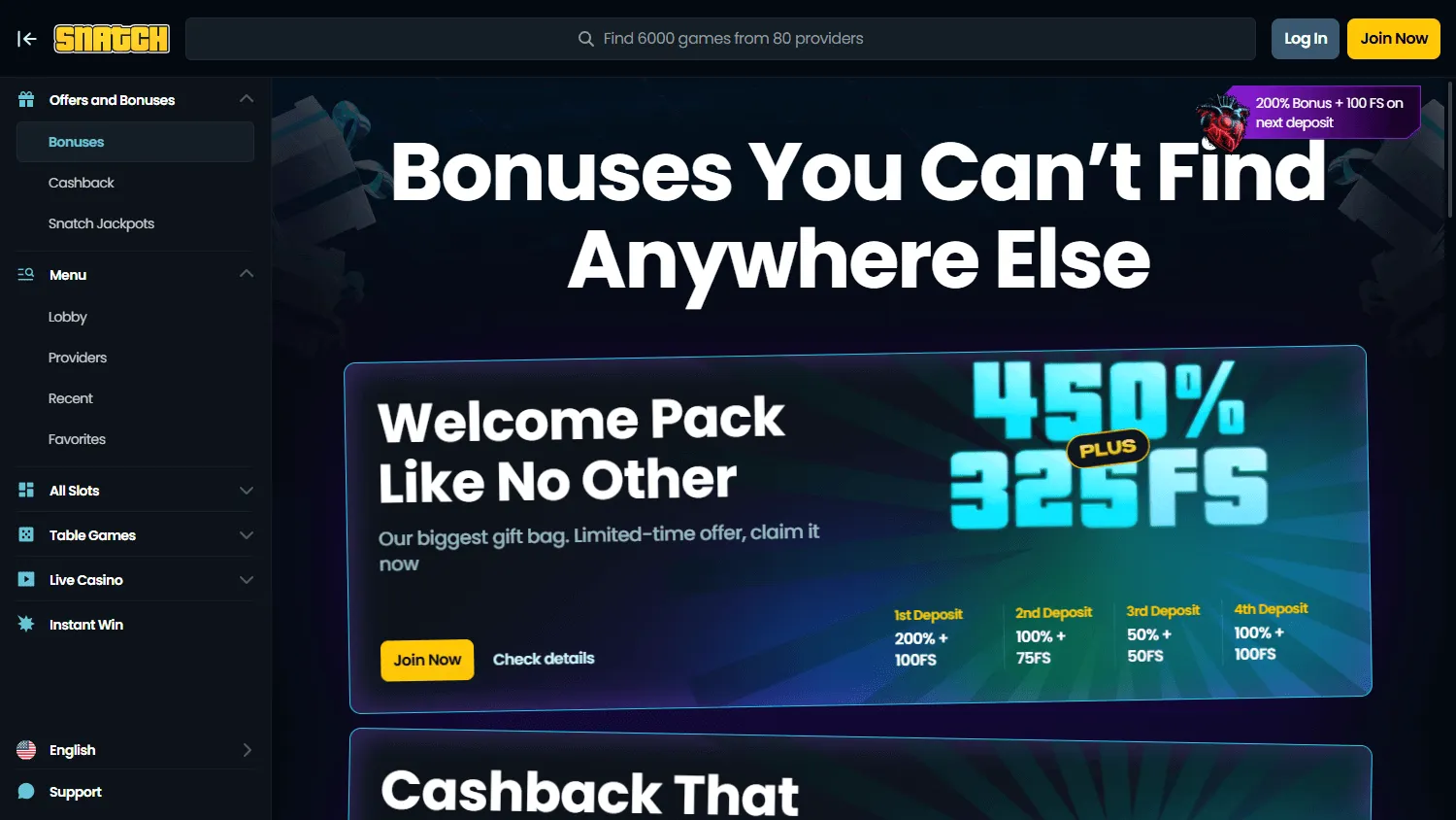 Snatch Casino promotions area on desktop